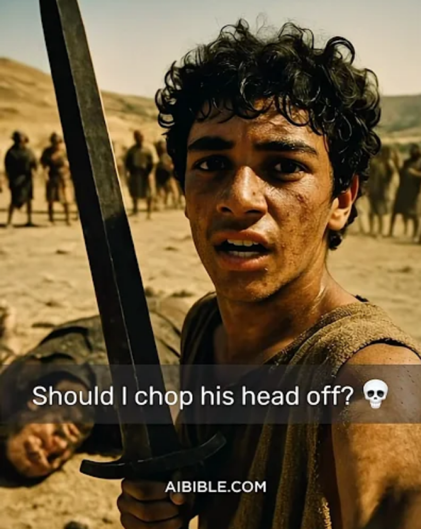 A screenshot of an AI Bible short depicting David after a battle with Goliath.