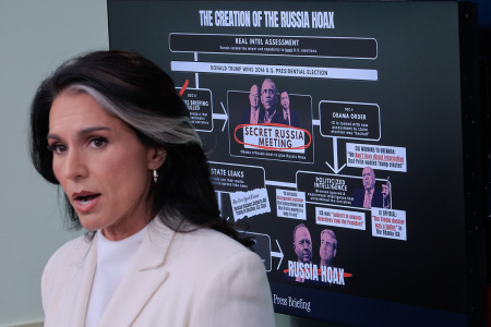 White House Director of National Intelligence Tulsi Gabbard talks to reporters in the Brady Press Briefing Room at the White House on July 23, 2025, in Washington, D.C. Gabbard released a 2017 report from the House Permanent Committee on Intelligence that she says undermines the conclusion of intelligence agencies during the Obama administration that Russia favored the election of Donald J. Trump in 2016.