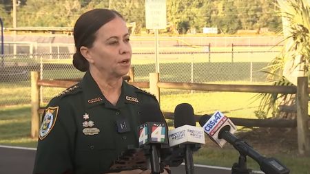 Clay County Sheriff Michelle Cook speaks during a news conference on Aug. 4, 2025, about a 14-year-old boy who called the police from a church in Middleburg and said that he had killed his parents.