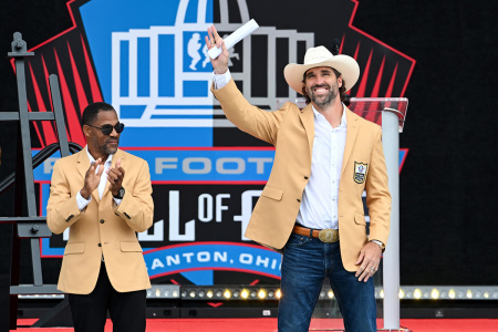 Jared Allen is introduced during the 2025 Pro Football Hall of Fame Enshrinement Ceremony at Tom Benson Hall of Fame Stadium on Aug. 02, 2025, in Canton, Ohio.