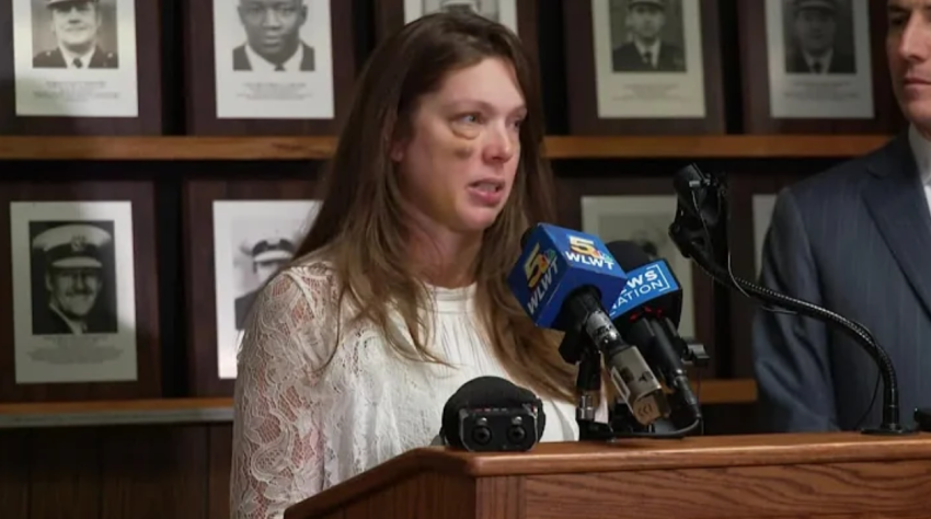 The woman seen on videos getting punched in the face during a large fight in downtown Cincinnati spoke with media for the first time on Wednesday alongside Ohio Sen. Bernie Moreno.