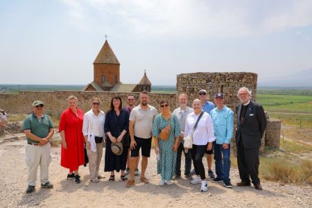 A group of Christian leaders and advocates from the United States pose for a photo at Khor Virap, an Armenian monastery in the Ararat Plain in Armenia on July 29, 2025.