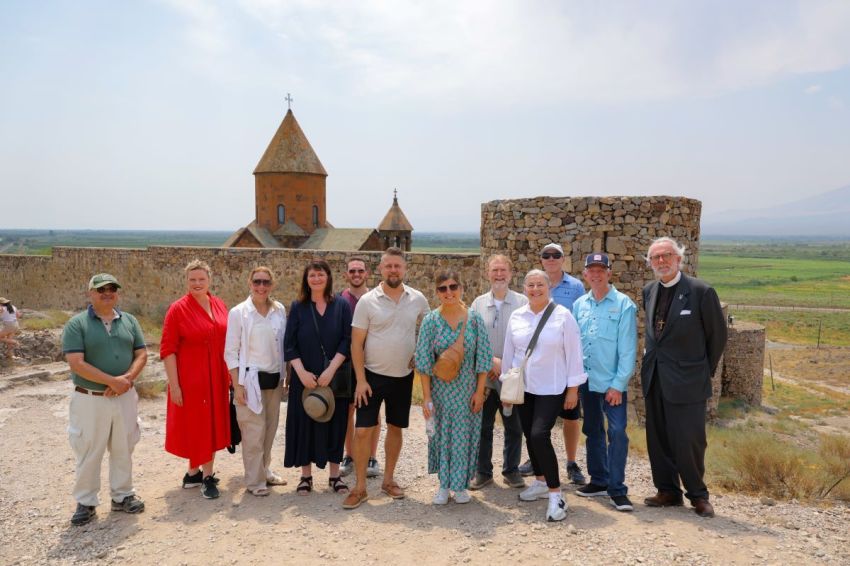 A group of Christian leaders and advocates from the United States pose for a photo at Khor Virap, an Armenian monastery in the Ararat Plain in Armenia on July 29, 2025.