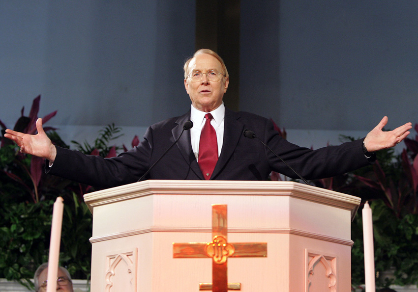 Dr. James C. Dobson, founder and chairman of Focus on the Family, gestures while speaking at the Justice Sunday III rally on Jan. 8, 2006, in Philadelphia, Pennsylvania. Sponsored by the Family Research Council, the rally was held one day before the start of confirmation hearings for Supreme Court nominee Samuel Alito. 