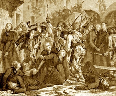 French Revolutionaries slaughter a group of Roman Catholic clergy in September 1792 as part of a multi-day campaign of violence known as the September Massacres. 