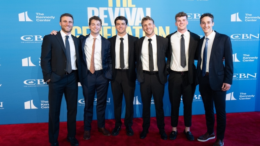 Gen Z men involved with the film "The Revival Generation" attend its red-carpet premiere at The John F. Kennedy Center for Performing Arts on Aug. 27, 2025, in Washington, D.C.