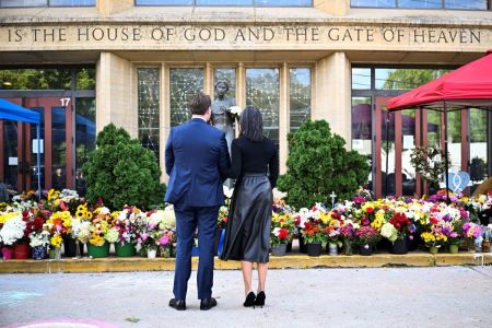 Vice President JD Vance and second lady Usha Vance pay their respects to victims of the Annunciation Catholic Church shooting in Minneapolis, Minnesota, on September 3, 2025. 