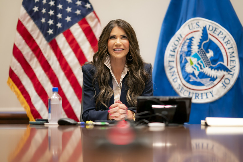 Department of Homeland Security Secretary Kristi Noem participates in a virtual Federal Emergency Management Agency Review Council third public meeting at DHS Headquarters in Washington, D.C., Aug. 28, 2025.