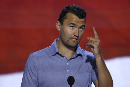 Turning Point USA Founder Charlie Kirk is seen onstage at the Fiserv Forum during preparations for the Republican National Convention (RNC) on July 14, 2024, in Milwaukee, Wisconsin.