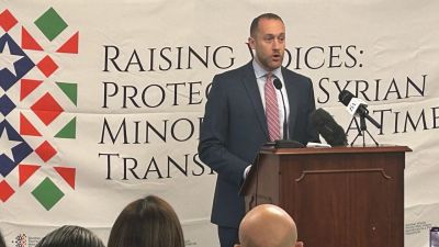 Richard Ghazal, the executive director of In Defense of Christians, speaks during a press conference on Capitol Hill on Sept. 10, 2025. The event focused on the atrocities committed against Alawites, Christians, Druze and other communities in Syria.