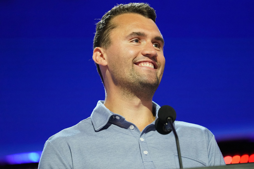 Turning Point USA Founder Charlie Kirk is seen onstage at the Fiserv Forum during preparations for the Republican National Convention on July 14, 2024, in Milwaukee, Wisconsin.