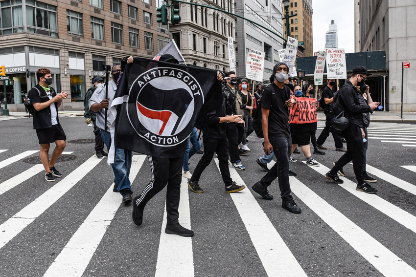 Left wing protesters, some affiliated with Antifa, seen on July 25, 2021, in New York City.