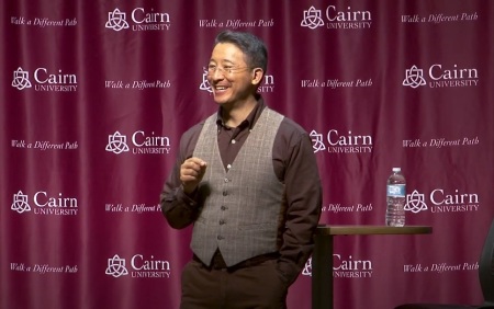 Theologian and author Christopher Yuan speaking at Cairn University in 2019.