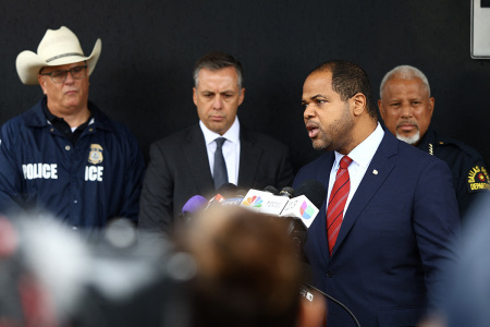 Mayor of Dallas Eric Johnson (2nd-R) speaks during a press conference following a shooting at a U.S. Immigration and Customs Enforcement (ICE) detention facility in Dallas, Texas, on Sept. 24, 2025. Two people were killed, including the shooter who killed himself, and two wounded.