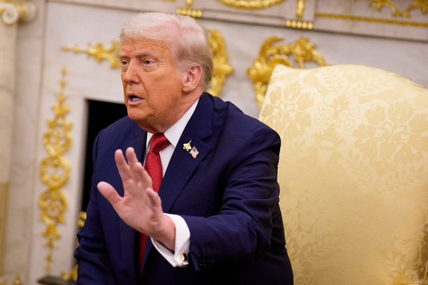 President Donald Trump, accompanied by President of Turkey Recep Tayyip Erdogan, speaks during a meeting in the Oval Office at the White House on Sept. 25, 2025, in Washington, D.C.
