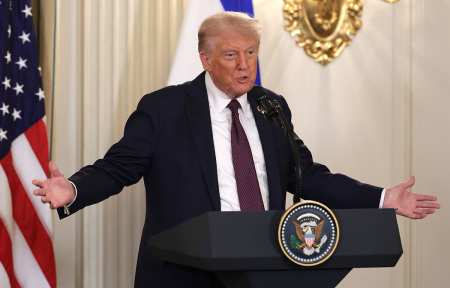 U.S. President Donald Trump delivers remarks during a joint news conference with Israeli Prime Minister Benjamin Netanyahu in the State Dining Room at the White House on Sept. 29, 2025, in Washington, D.C. President Trump welcomed Netanyahu for his fourth visit to the White House, where the two leaders met to discuss the latest U.S. backed plans to end the war in Gaza and secure the release of the remaining hostages held by Hamas.