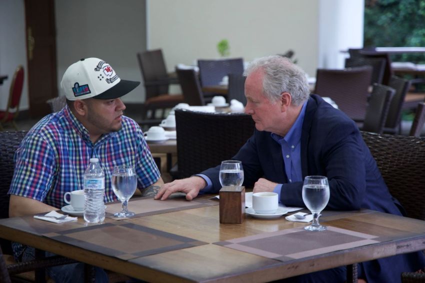 U.S. Sen. Chris Van Hollen, D-Md., (right) meets with Kilmar Abrego Garcia in a prison in El Salvador on April 17, 2025. 