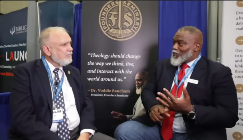 Tom Ascol (left) and Voddie Baucham of Founders Ministries during a livestream from the 2025 Southern Baptist Convention.