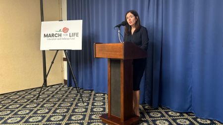 Jennie Bradley Lichter, president of the March for Life Education and Defense Fund, announces the theme for the 53rd annual march during a news conference in Washington, D.C., on Sept. 30, 2025.