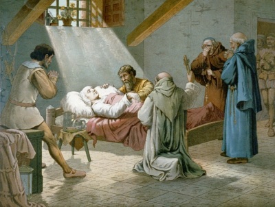A 19th-century depiction of the 1506 death of Christopher Columbus.