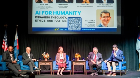 From left, Pastor James Lester, AI innovation expert James Poulter, policy analyst Annie Chestnut Tutor, Dr. Richard Land and moderator Brandon Showalter participate in a panel during "AI for Humanity: Navigating Ethics and Morality for a Flourishing Future" at Colorado Christian University in Littleton, Colorado, on Oct. 7, 2025.