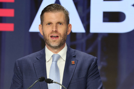Eric Trump, co-founder and chief strategy officer of American Bitcoin, speaks before ringing the opening bell at the Nasdaq headquarters on Sept. 16, 2025, in New York City. Trump and Genoot rang the opening bell as they celebrate the listing of American Bitcoin (ABTC) at Nasdaq.