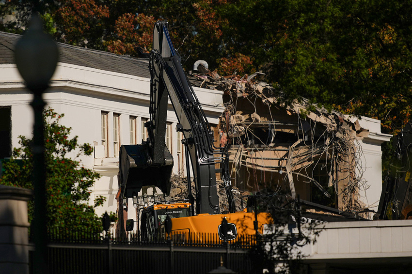 The facade of the East Wing of the White House is demolished by work crews on Oct. 21, 2025, in Washington, D.C. The demolition is part of President Donald Trump's plan to build a ballroom reportedly costing $250 million on the eastern side of the White House.