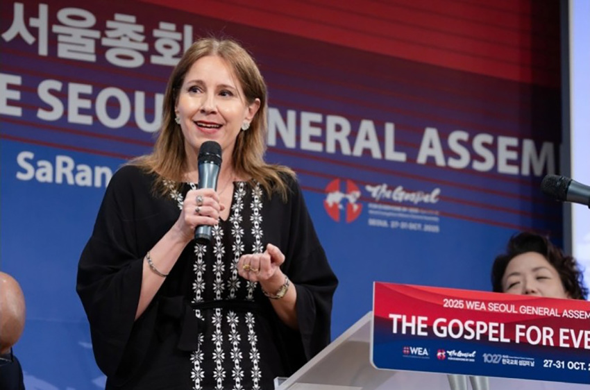 Cinthia Hieber, president and CEO of the Paraguayan Stuttering Association, shares her testimony and calls for radical inclusion of people with disabilities during the second panel at the World Evangelical Alliance General Assembly in Seoul, South Korea, on Oct. 27, 2025.
