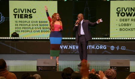 Pastor Jamal Bryant (R) and his new wife Karri Turner (L) at New Birth Missionary Baptist Church in Lithonia, Ga., on Sunday October 26, 2025.