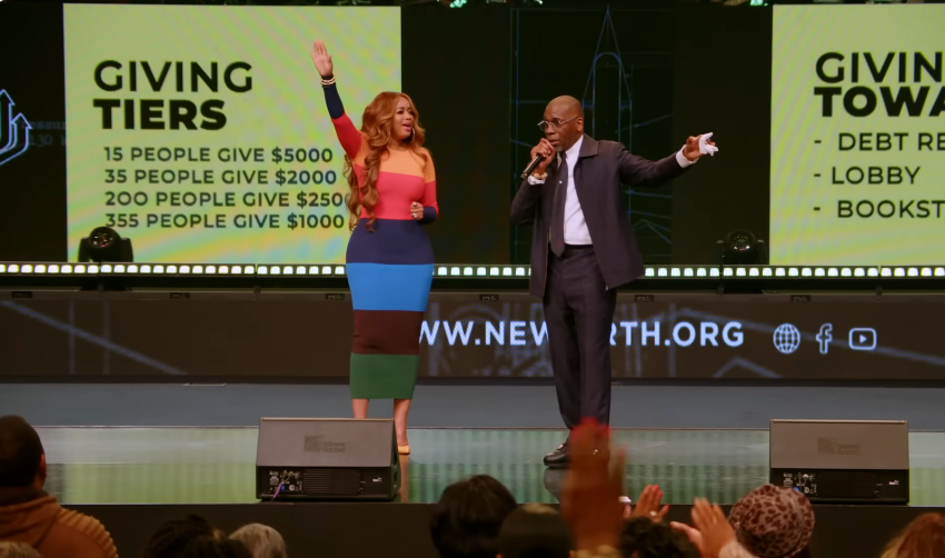 Pastor Jamal Bryant (R) and his new wife Karri Turner (L) at New Birth Missionary Baptist Church in Lithonia, Ga., on Sunday October 26, 2025.