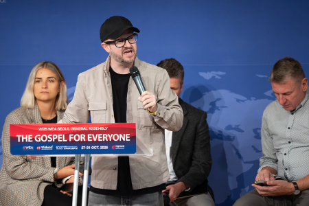 Ben Jack, an evangelist with The Message Trust in the U.K., speaks at the World Evangelical Alliance's 14th General Assembly in Seoul, South Korea, on Oct. 30, 2025. 