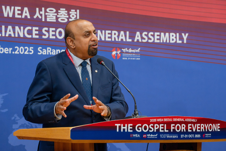 Godfrey Yogarajah, newly elected chair of the World Evangelical Alliance International Council, delivers remarks during a press conference at the General Assembly in Seoul, South Korea, Oct. 30, 2025.