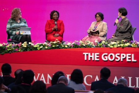 Emma van der Deijl, CEO of Gender and Religious Freedom (left), along with Irene Kibagendi, executive director of the Pan African Christian Women Alliance (second from left), and the Rev. Martha Das, general secretary of the National Christian Fellowship of Bangladesh (second from right), speak during a panel discussion about gender-based persecution at SaRang Church in Seoul, South Korea, on Oct. 28, 2025.