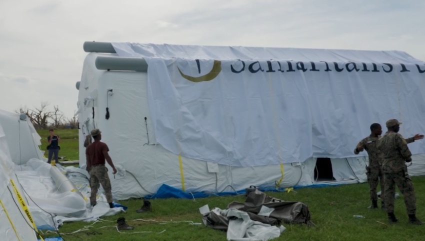 A Samaritan's Purse field hospital is being erected in Black River, Jamaica on Nov. 2, 2025, following Hurricane Melissa. 