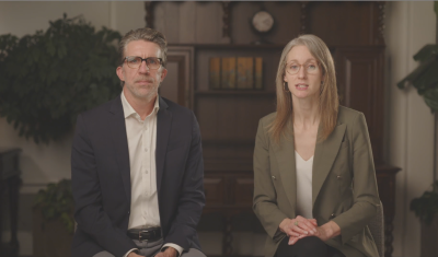Ken Dryfhout (L), chair of the board of trustees of Trinity Christian College in Palos Heights, Illinois, and Jeanine Mozie, acting president, announce the closure of the school at the end of the 2025-2026 academic year on November 4, 2025.