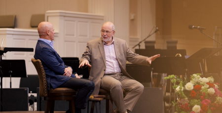 Pastor Jeff Warren (left) and N.T. Wright at Park Cities Baptist Church in Dallas, Texas, on Nov. 10, 2025.