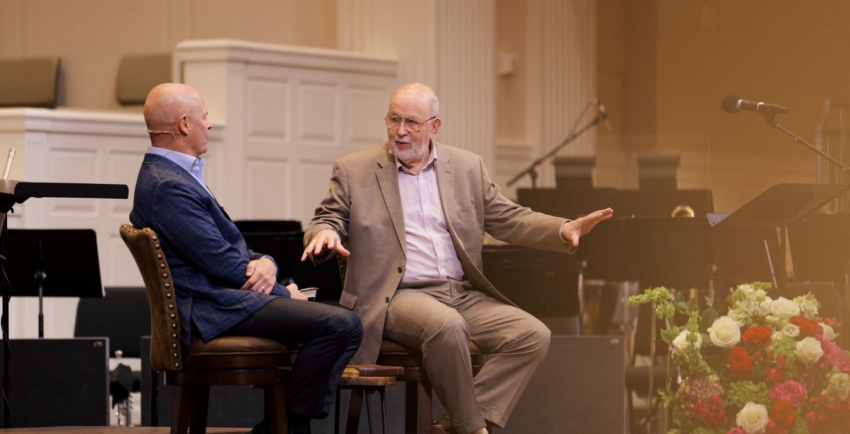 Pastor Jeff Warren (left) and N.T. Wright at Park Cities Baptist Church in Dallas, Texas, on Nov. 10, 2025.