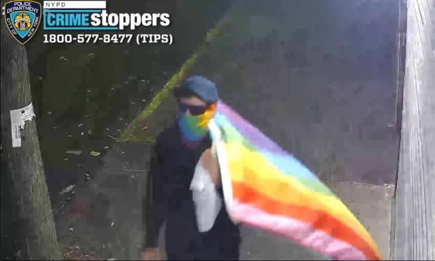 New York Police Department Crime Stoppers posted a video of an unknown vandal carrying an LGBT pride flag who attacked three churches in the early hours of Oct. 5, 2025.