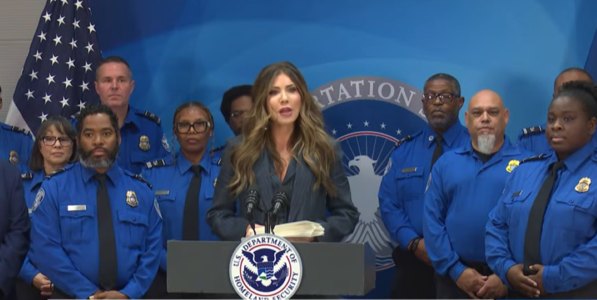 United States Secretary of Homeland Security Kristi Noem speaks at a press conference alongside Transportation Safety Administration workers at Bush Airport in Houston, Texas, on Nov. 13, 2025. 