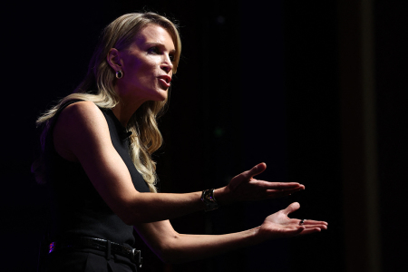 Megyn Kelly speaks during an "American Comeback Tour" stop hosted by Turning Point USA in Burruss Hall at Virgina Tech in Blacksburg, Virginia, on Sept. 24, 2025.