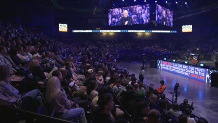 Pastor Greg Laurie speaks at the Harvest Crusade event "Hope for America" at the campus of Utah Valley University in Orem, Utah, on Sunday, Nov. 16, 2025.