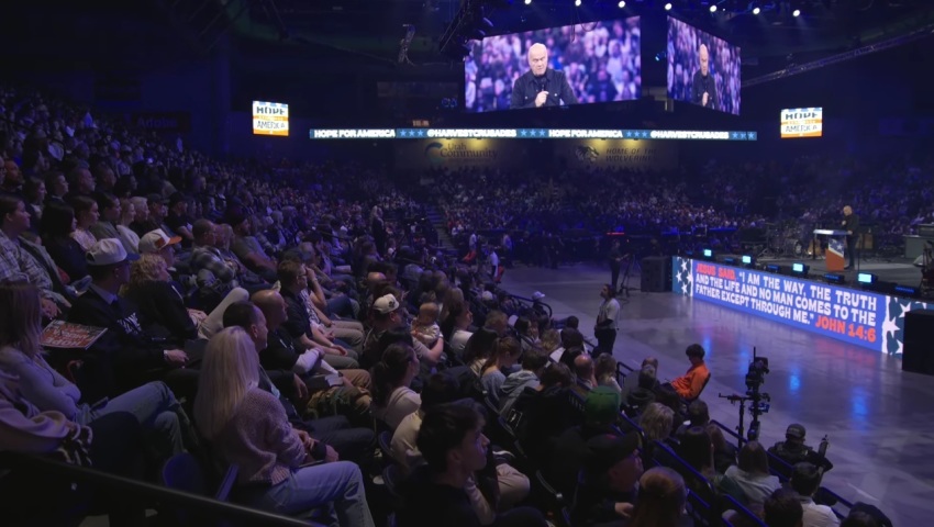 Pastor Greg Laurie speaks at the Harvest Crusade event "Hope for America" at the campus of Utah Valley University in Orem, Utah, on Sunday, Nov. 16, 2025. 