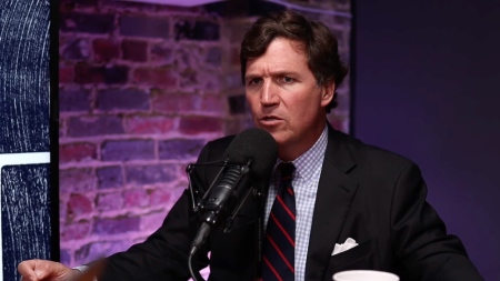 Political commentator Tucker Carlson speaks with podcast host Bryan Dawson during an episode of the "1819 Podcast" on Nov. 19, 2025.
