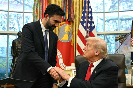President Donald Trump shakes hands with New York Mayor-elect Zohran Mamdani as they meet in the Oval Office in Washington, D.C., on Nov. 21, 2025.