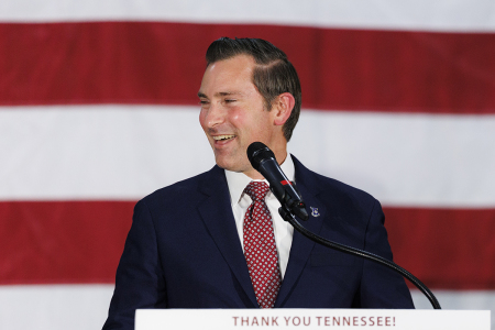 House of Representative Republican Matt Van Epps delivers his victory speech at the Millennium Hotel Maxwell House Nashville on Dec. 2, 2025, in Nashville, Tennessee. Tennessee's 7th district elected Republican Matt Van Epps in a special election to fill a House of Representatives seat vacated by the resignation of Republican Mark Green earlier this year. Van Epps defeated Democratic nominee Aftyn Behn. 