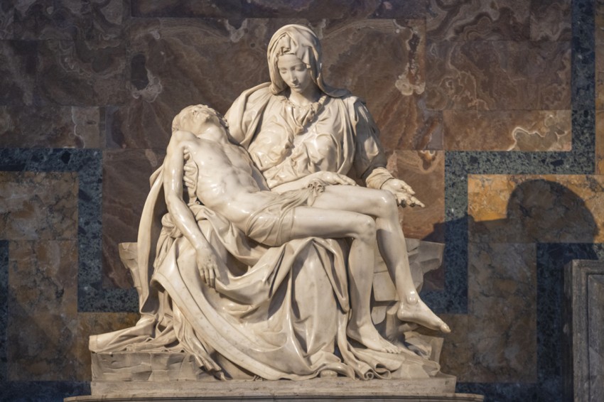 A marble sculpture depicting of Jesus and Mary at Mount Golgotha and representing the