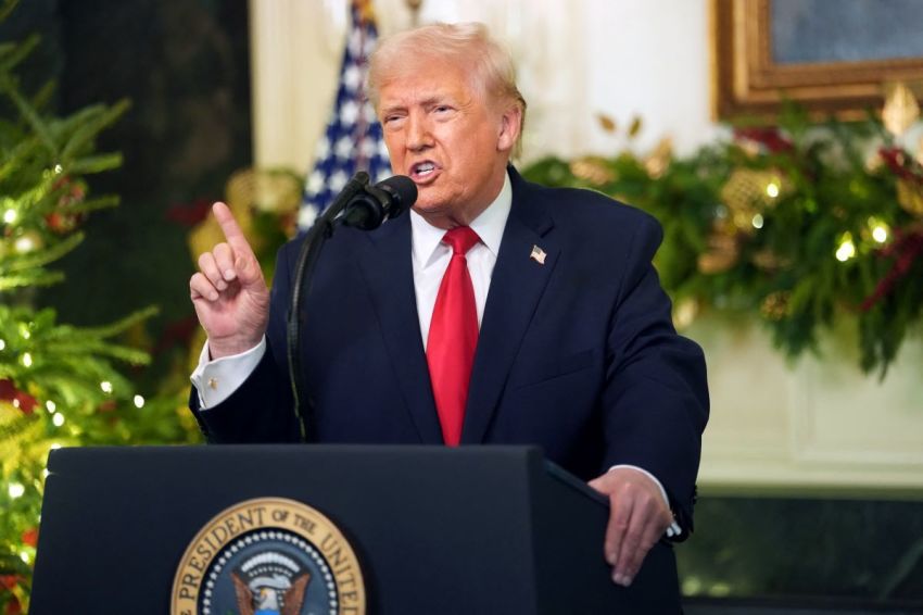 President Donald Trump addresses the nation from the Diplomatic Reception Room of the White House in Washington, D.C., on Dec. 17, 2025. 
