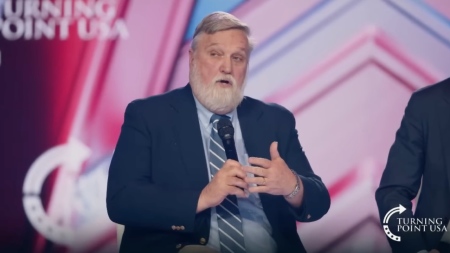 Pastor Douglas Wilson speaks about the various Christian schools of thought regarding modern Israel during a panel at Turning Point USA's AmericaFest in Phoenix, Arizona, on Dec. 20, 2025.