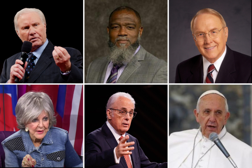 Top L to R: Jimmy Swaggart, Creative Commons/Jntracy75/https://creativecommons.org/licenses/by-sa/3.0; Voddie Bacham, Ema Capoccia; James Dobson, provided; Bottom L to R: Kay Arthur, Screengrab: YouTube/Revive Our Hearts; John MacArthur, Facebook/Shepherds' Conference; Pope Francis, Reuters.