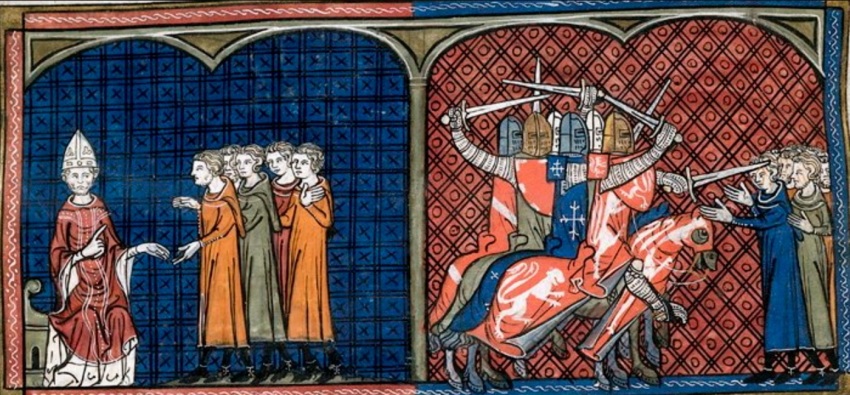 A 14th century depiction of Pope Innocent III (1161-1216) excommunicating the Albigensians and a group of Crusader knights attacking the Albigensians.